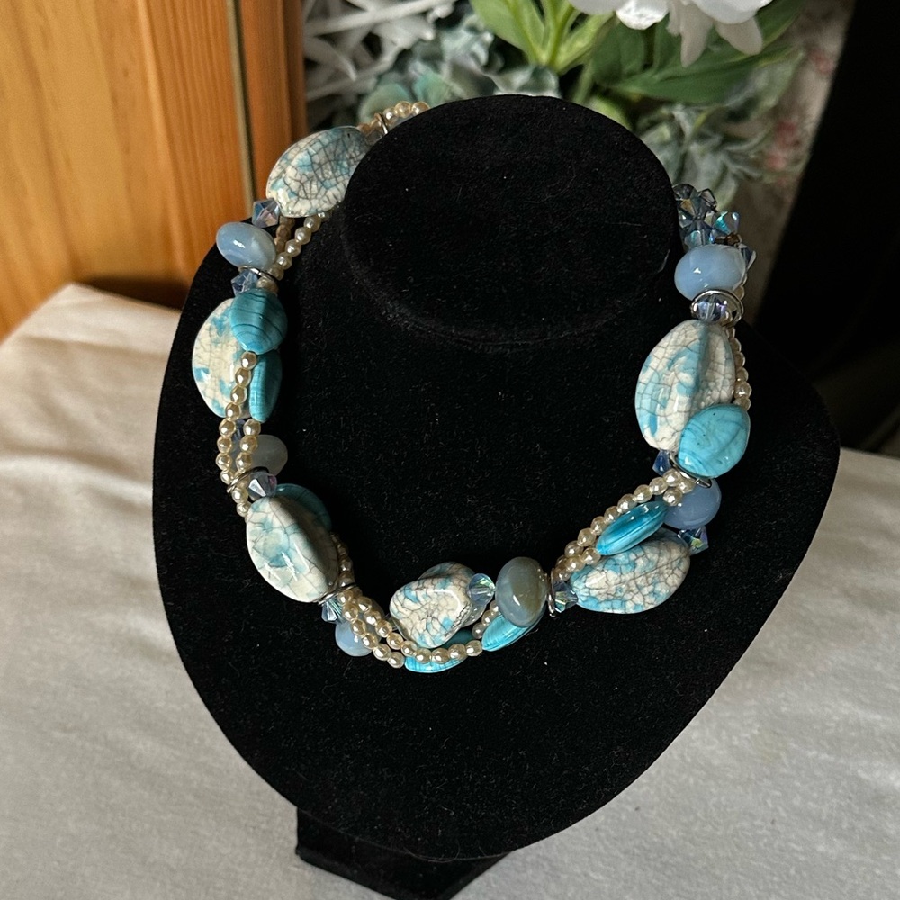 Blue, Silver, & Pearls, twisted Choker Necklace, 19”,  with large lobster,  $35